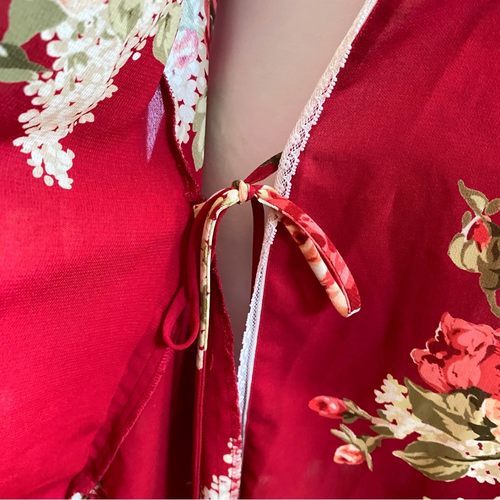 OSCAR DE LA RENTA PINK LABEL cream red green floral print sheer long sleeve robe - Picture 6 of 10